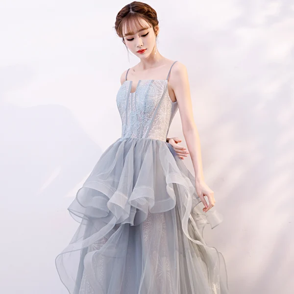 Modern / Fashion Sage Green Silver Prom Dresses 2019 A-Line / Princess Spaghetti Straps Lace Flower Sleeveless Backless Cascading Ruffles Floor-Length / Long Formal Dresses
