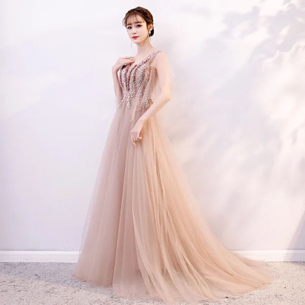 Elegant Champagne Evening Dresses 2019 A-Line / Princess V-Neck Appliques Lace Flower Sequins Short Sleeve Backless Floor-Length / Long Formal Dresses