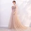 Elegant Champagne Evening Dresses  2019 A-Line / Princess V-Neck Appliques Lace Flower Sequins Short Sleeve Backless Floor-Length / Long Formal Dresses