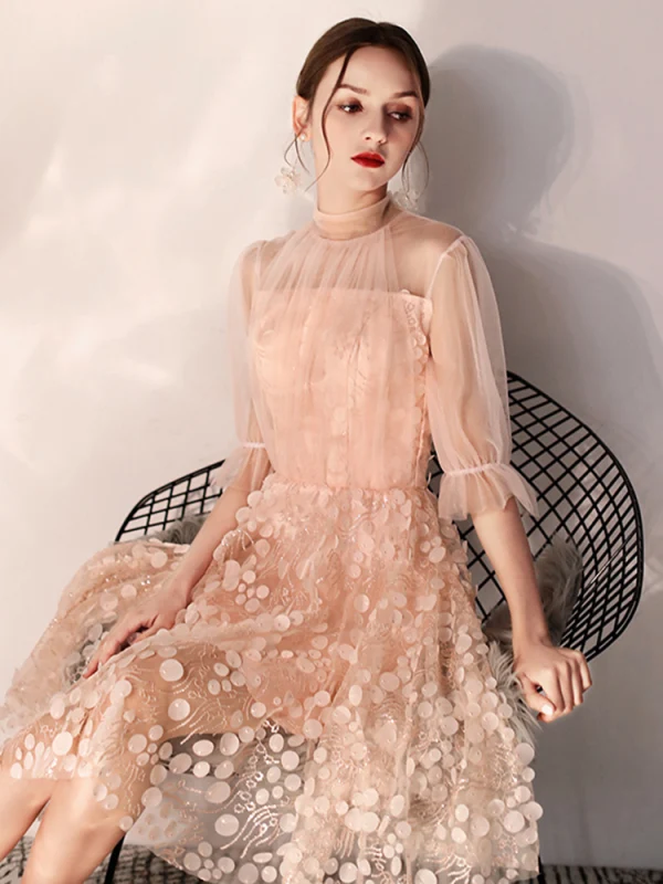 Modern / Fashion Pearl Pink Homecoming Graduation Dresses 2019 A-Line / Princess High Neck Appliques Sequins 1/2 Sleeves Knee-Length Formal Dresses