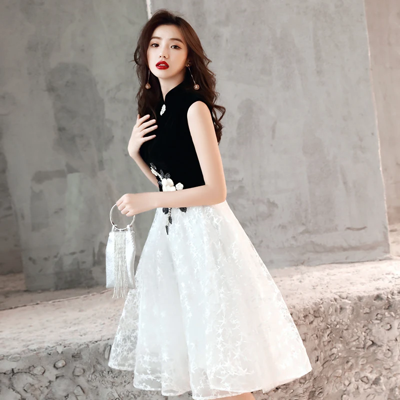 Chinese Style Black Homecoming Graduation Dresses 2019 A Line Princess High  Neck Lace Flower Star Short Sleeve Tea Length Formal Dresses