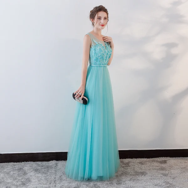 Chic / Beautiful Pool Blue Evening Dresses 2018 A-Line / Princess Lace Flower Appliques Beading Bow Scoop Neck Backless Sleeveless Floor-Length / Long Formal Dresses