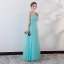 Chic / Beautiful Pool Blue Evening Dresses  2018 A-Line / Princess Lace Flower Appliques Beading Bow Scoop Neck Backless Sleeveless Floor-Length / Long Formal Dresses