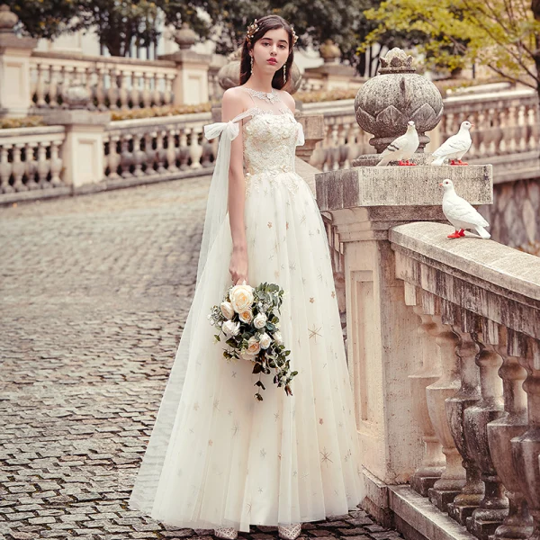 Modern / Fashion Champagne Evening Dresses 2019 A-Line / Princess Scoop Neck Pearl Lace Flower Sequins Sleeveless Backless Floor-Length / Long Formal Dresses