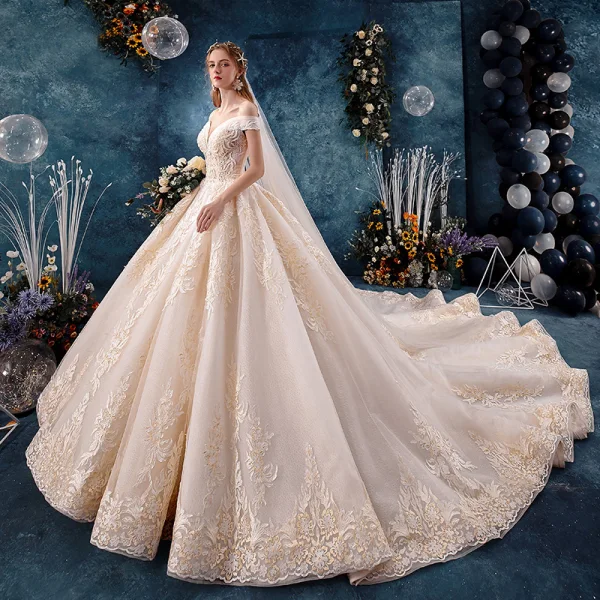 Charming Champagne Wedding Dresses 2019 A-Line / Princess Off-The-Shoulder Beading Lace Flower Sleeveless Backless Royal Train