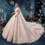 Charming Champagne Wedding Dresses 2019 A-Line / Princess Off-The-Shoulder Beading Lace Flower Sleeveless Backless Royal Train