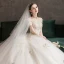Élégant Champagne Robe De Mariée 2019 Princesse De l'épaule Perle Paillettes En Dentelle Fleur Manches Courtes Chapel Train