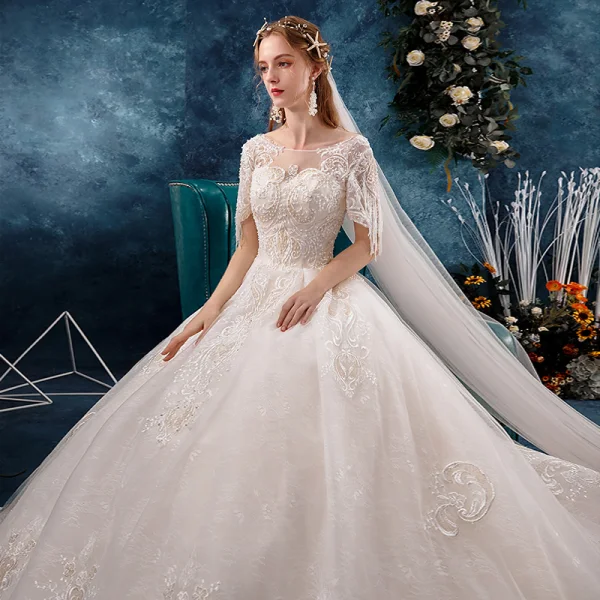 Classy Ivory Wedding Dresses 2019 A-Line / Princess Scoop Neck Beading Sequins Pearl Lace Flower Short Sleeve Backless Cathedral Train