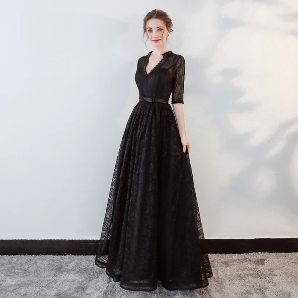 Modern / Fashion Black Evening Dresses  2018 A-Line / Princess Beading Bow Lace V-Neck Backless Pierced 1/2 Sleeves Floor-Length / Long Formal Dresses