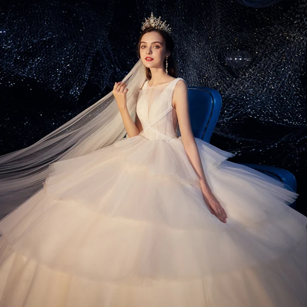 Fabulous Champagne Wedding Dresses 2019 Ball Gown Scoop Neck Beading Sleeveless Backless Cathedral Train