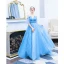 Elegante Blau Abendkleider 2019 A Linie Rundhalsausschnitt Perlenstickerei Pailletten Star Kurze Ärmel Rückenfreies Sweep / Pinsel Zug Festliche Kleider