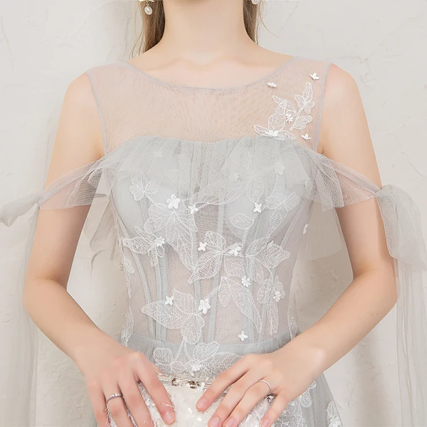 Elegant Grey Evening Dresses 2019 A-Line / Princess Scoop Neck Appliques Lace Flower Sleeveless Backless Floor-Length / Long Formal Dresses