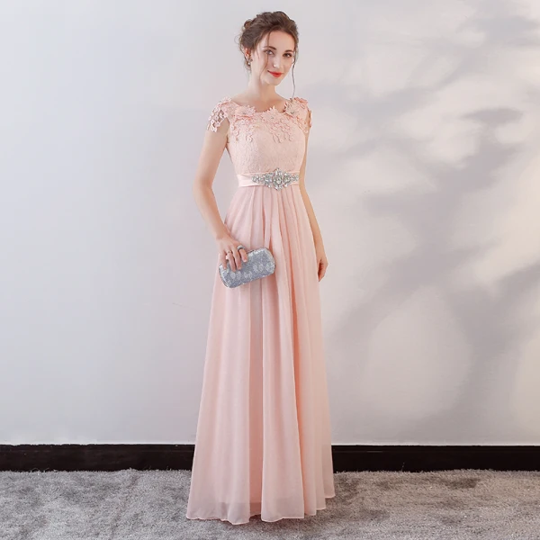 Elegant Pearl Pink Evening Dresses  2018 Empire Lace Appliques Crystal Sash Scoop Neck Backless Sleeveless Floor-Length / Long Formal Dresses