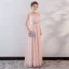 Elegant Pearl Pink Evening Dresses  2018 Empire Lace Appliques Crystal Sash Scoop Neck Backless Sleeveless Floor-Length / Long Formal Dresses