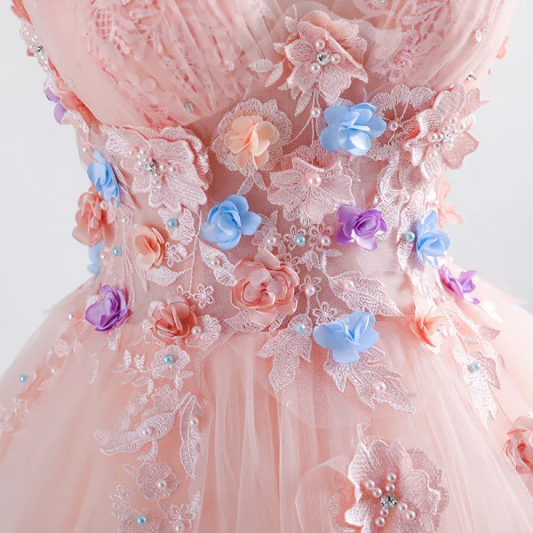 Elegant Pearl Pink Prom Dresses 2019 A-Line / Princess V-Neck Appliques Pearl Lace Flower Sleeveless Backless Floor-Length / Long Formal Dresses