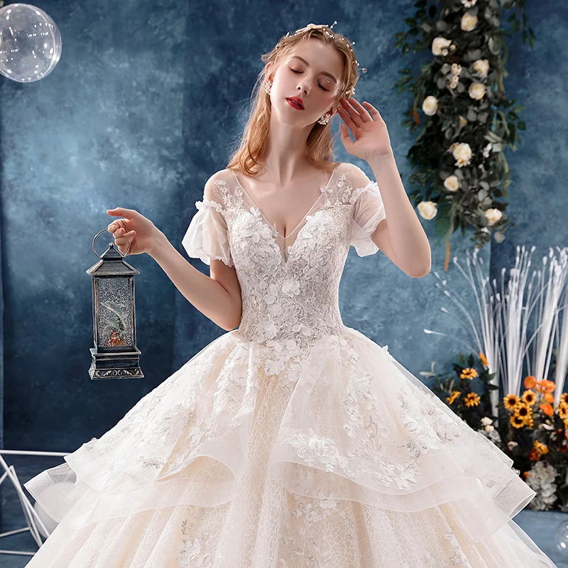 blue dress for baby girl A Line V-Neck Lace Appliques Romantic Princess Wedding Dress QW2621 US8 / Ivory main image 1