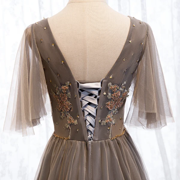 Elegant Brown Evening Dresses 2019 A-Line / Princess V-Neck Beading Rhinestone Sequins Lace Flower Short Sleeve Backless Floor-Length / Long Formal Dresses