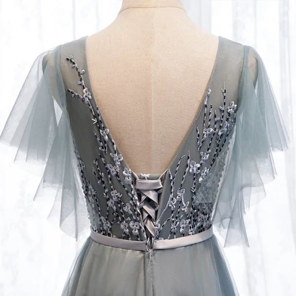 Elegant Grey Evening Dresses  2019 A-Line / Princess V-Neck Beading Sequins Lace Flower Sash Short Sleeve Backless Floor-Length / Long Formal Dresses