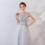 Élégant Gris Robe De Soirée 2018 Princesse Cristal En Dentelle Fleur Appliques Ceinture V-Cou Dos Nu Sans Manches Longue Robe De Ceremonie