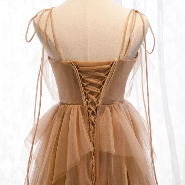 Modern / Fashion Brown Evening Dresses 2019 A-Line / Princess Spaghetti Straps Beading Sequins Lace Flower Sleeveless Backless Floor-Length / Long Formal Dresses