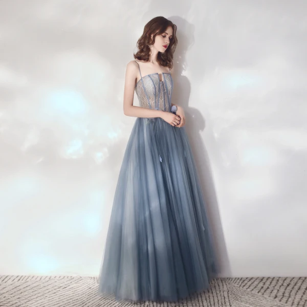 Charming Ocean Blue Prom Dresses 2019 A-Line / Princess Unusual Spaghetti Straps Lace Flower Appliques Sleeveless Backless Floor-Length / Long Formal Dresses