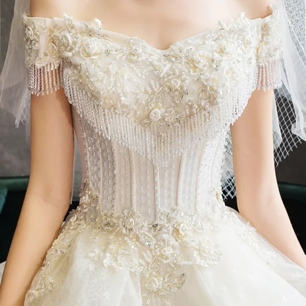 Luxury / Gorgeous Champagne Wedding Dresses 2019 Ball Gown Off-The-Shoulder Beading Pearl Crystal Tassel Lace Flower Short Sleeve Backless Cascading Ruffles Cathedral Train