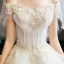 Luxury / Gorgeous Champagne Wedding Dresses 2019 Ball Gown Off-The-Shoulder Beading Pearl Crystal Tassel Lace Flower Short Sleeve Backless Cascading Ruffles Cathedral Train