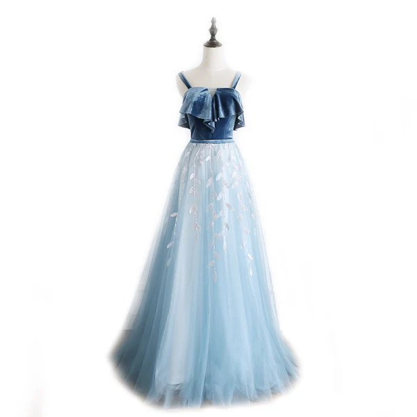 Modern / Fashion Pool Blue Prom Dresses 2019 A-Line / Princess Suede Spaghetti Straps Sequins Lace Flower Sleeveless Backless Floor-Length / Long Formal Dresses