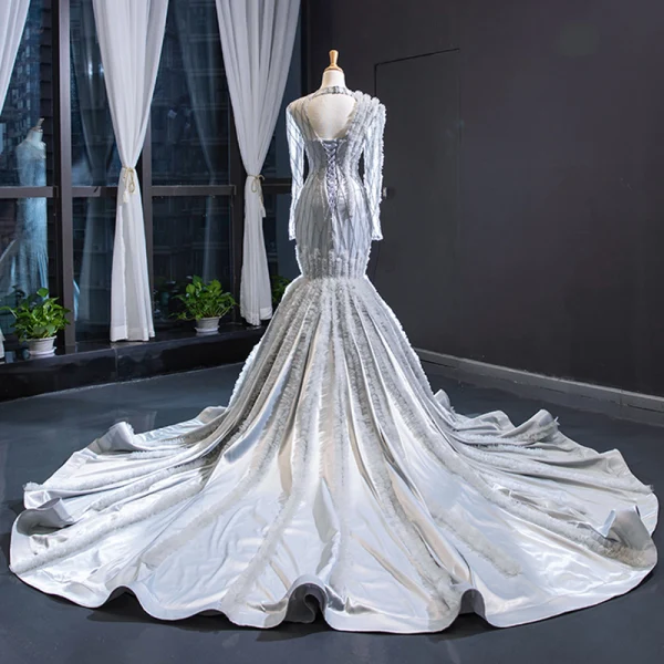 Elegant Silver Evening Dresses 2019 Trumpet / Mermaid Scoop Neck Beading Long Sleeve Backless Cathedral Train Formal Dresses