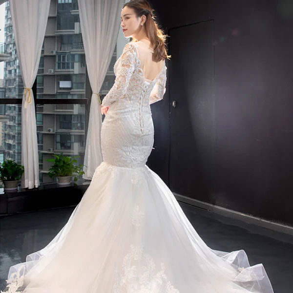 Luxury / Gorgeous Ivory Wedding Dresses 2019 Trumpet / Mermaid Scoop Neck Beading Sequins Lace Flower Long Sleeve Backless Detachable Chapel Train