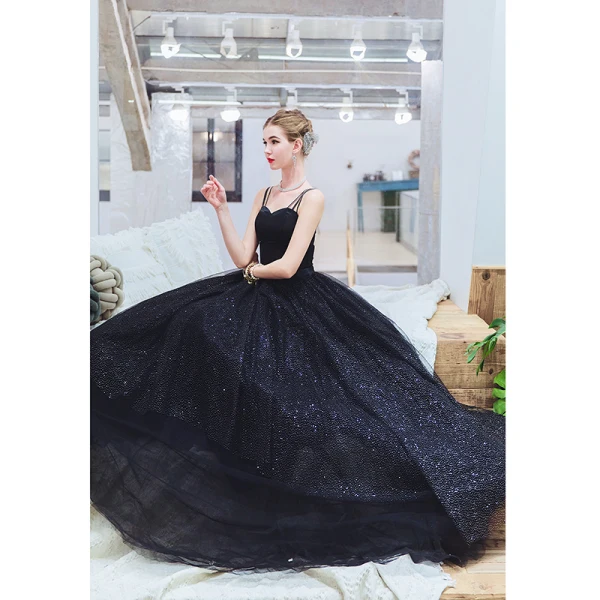 Chic / Belle Noire Robe De Bal 2019 Princesse Bretelles Spaghetti Sans Manches Dos Nu Paillettes Longue Robe De Ceremonie
