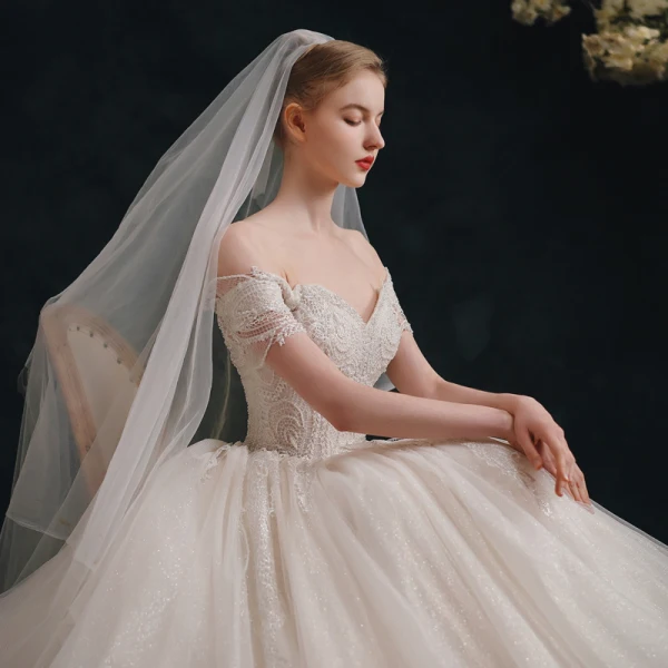 Luxury / Gorgeous Ivory Wedding Dresses 2021 Ball Gown Off-The-Shoulder Beading Lace Flower Short Sleeve Backless Royal Train Wedding