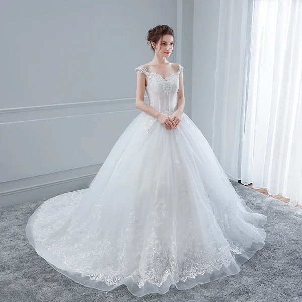 Elegant White Wedding Dresses 2018 Ball Gown Lace Flower Beading Sequins V-Neck Backless Sleeveless Chapel Train Wedding