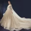 Charmant Champagne Robe De Mariée 2019 Princesse Encolure Dégagée En Dentelle Fleur Perlage Paillettes 1/2 Manches Dos Nu Cathedral Train Mariage