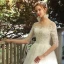 Elegant Ivory Wedding Dresses 2019 A-Line / Princess Scoop Neck Lace Flower 1/2 Sleeves Backless Chapel Train