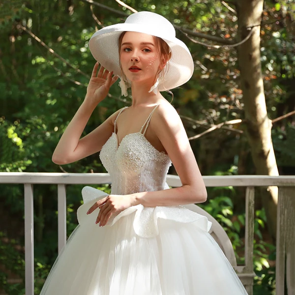 Chic / Beautiful Ivory Wedding Dresses 2019 A-Line / Princess Spaghetti Straps Pearl Lace Flower Sleeveless Backless Floor-Length / Long