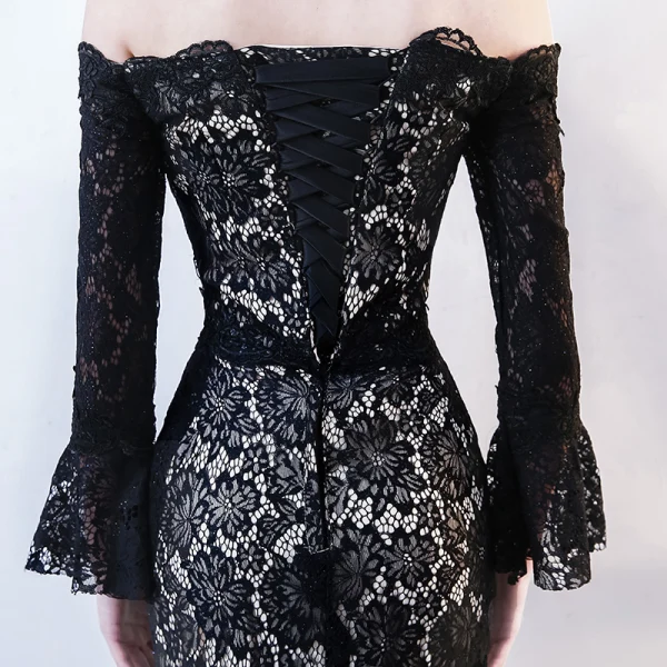 Chic / Beautiful Black Evening Dresses 2018 Trumpet / Mermaid Lace Flower Off-The-Shoulder Backless Long Sleeve Floor-Length / Long Formal Dresses
