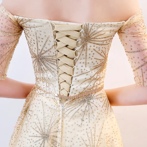Scintillantes Doré Robe De Soirée 2018 Princesse Glitter Paillettes Métal Ceinture De l'épaule Dos Nu Manches Courtes Longue Robe De Ceremonie