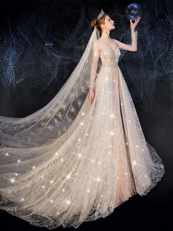 Haut de Gamme Champagne Robe De Mariée 2019 Trompette / Sirène Encolure Dégagée Perlage Faux Diamant Paillettes En Dentelle Fleur Manches Longues Dos Nu Détachable Chapel Train