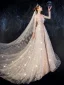 Haut de Gamme Champagne Robe De Mariée 2019 Trompette / Sirène Encolure Dégagée Perlage Faux Diamant Paillettes En Dentelle Fleur Manches Longues Dos Nu Détachable Chapel Train