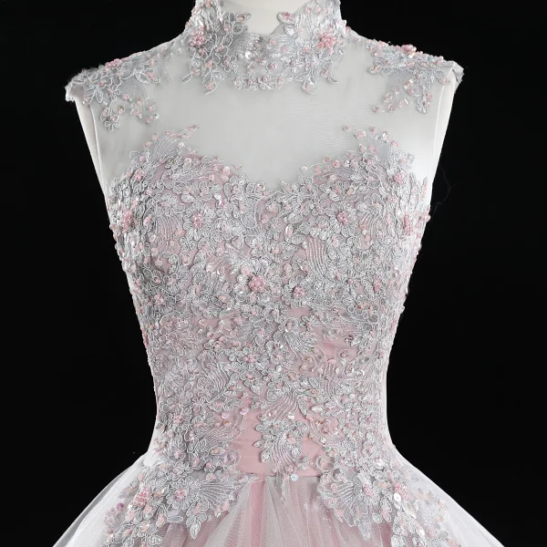 Classy Blushing Pink Prom Dresses 2019 Ball Gown High Neck Beading Sequins Pearl Lace Flower Sleeveless Backless Cascading Ruffles Floor-Length / Long Formal Dresses