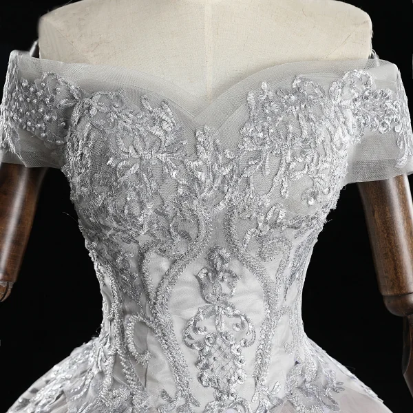 Elegant Grey Prom Dresses 2019 A-Line / Princess Off-The-Shoulder Pearl Lace Flower Short Sleeve Backless Floor-Length / Long Formal Dresses