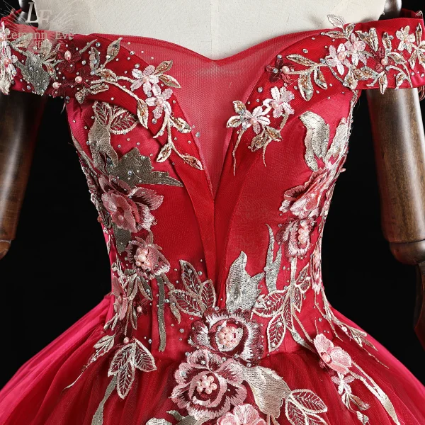 Chic / Beautiful Burgundy Prom Dresses 2019 Ball Gown Off-The-Shoulder Pearl Rhinestone Lace Flower Sleeveless Backless Floor-Length / Long Formal Dresses