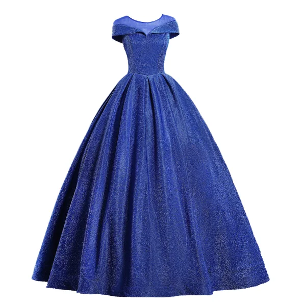 Elegant Royal Blue Prom Dresses 2019 Ball Gown Scoop Neck Glitter Tulle Cap Sleeves Backless Floor-Length / Long Formal Dresses