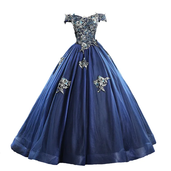 Vintage / Retro Navy Blue Prom Dresses 2019 A-Line / Princess Off-The-Shoulder Pearl Lace Flower Sleeveless Backless Floor-Length / Long Formal Dresses