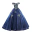 Vintage / Retro Navy Blue Prom Dresses 2019 A-Line / Princess Off-The-Shoulder Pearl Lace Flower Sleeveless Backless Floor-Length / Long Formal Dresses
