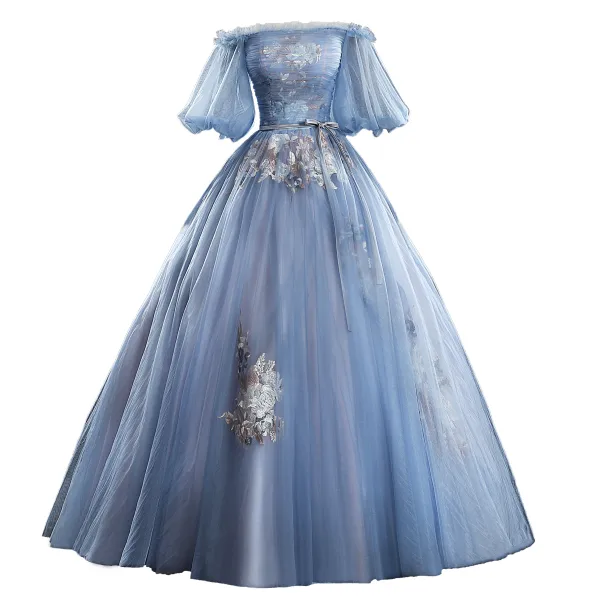 Chic / Beautiful Sky Blue Prom Dresses 2019 Ball Gown Off-The-Shoulder Bow Lace Flower Ruffle Short Sleeve Backless Floor-Length / Long Formal Dresses