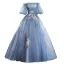 Chic / Beautiful Sky Blue Prom Dresses 2019 Ball Gown Off-The-Shoulder Bow Lace Flower Ruffle Short Sleeve Backless Floor-Length / Long Formal Dresses