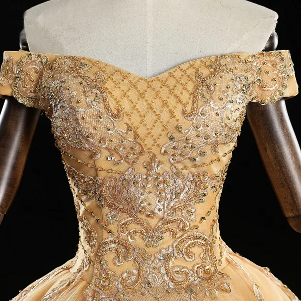 Classic Gold Quinceañera Prom Dresses 2019 Ball Gown Off-The-Shoulder Beading Sequins Lace Flower Sleeveless Backless Floor-Length / Long Formal Dresses