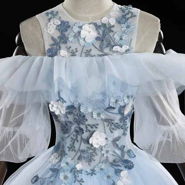 Classy Sky Blue Prom Dresses 2019 Ball Gown Scoop Neck Pearl Lace Flower Appliques Short Sleeve Backless Floor-Length / Long Formal Dresses